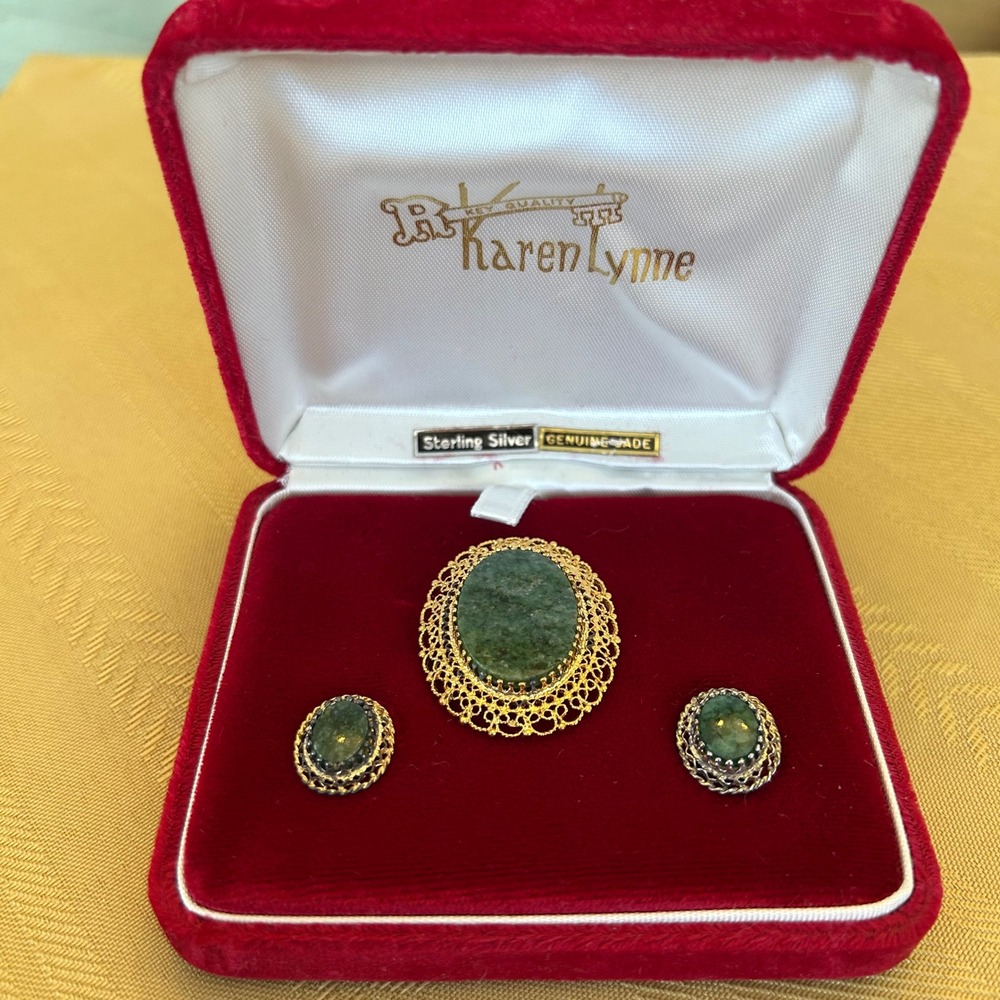 Karen Lynne Jade Brooch Pendant Earring Set Vintage Sterling Silver Gold Tone